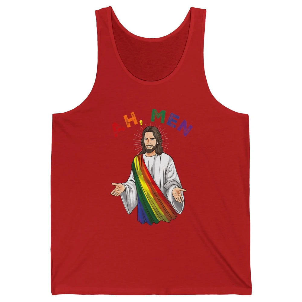 Ah Men LGBT Gay Pride Jesus Christian God Rainbow Flag Love Unisex Jersey Tank