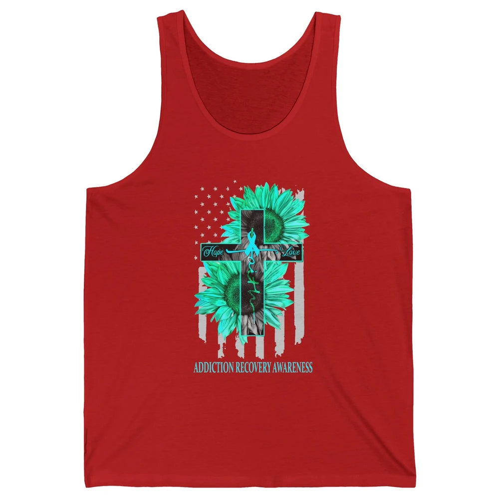 Addiction Recovery Faith Hope Love Teal US Flag Jesus Cross Unisex Jersey Tank