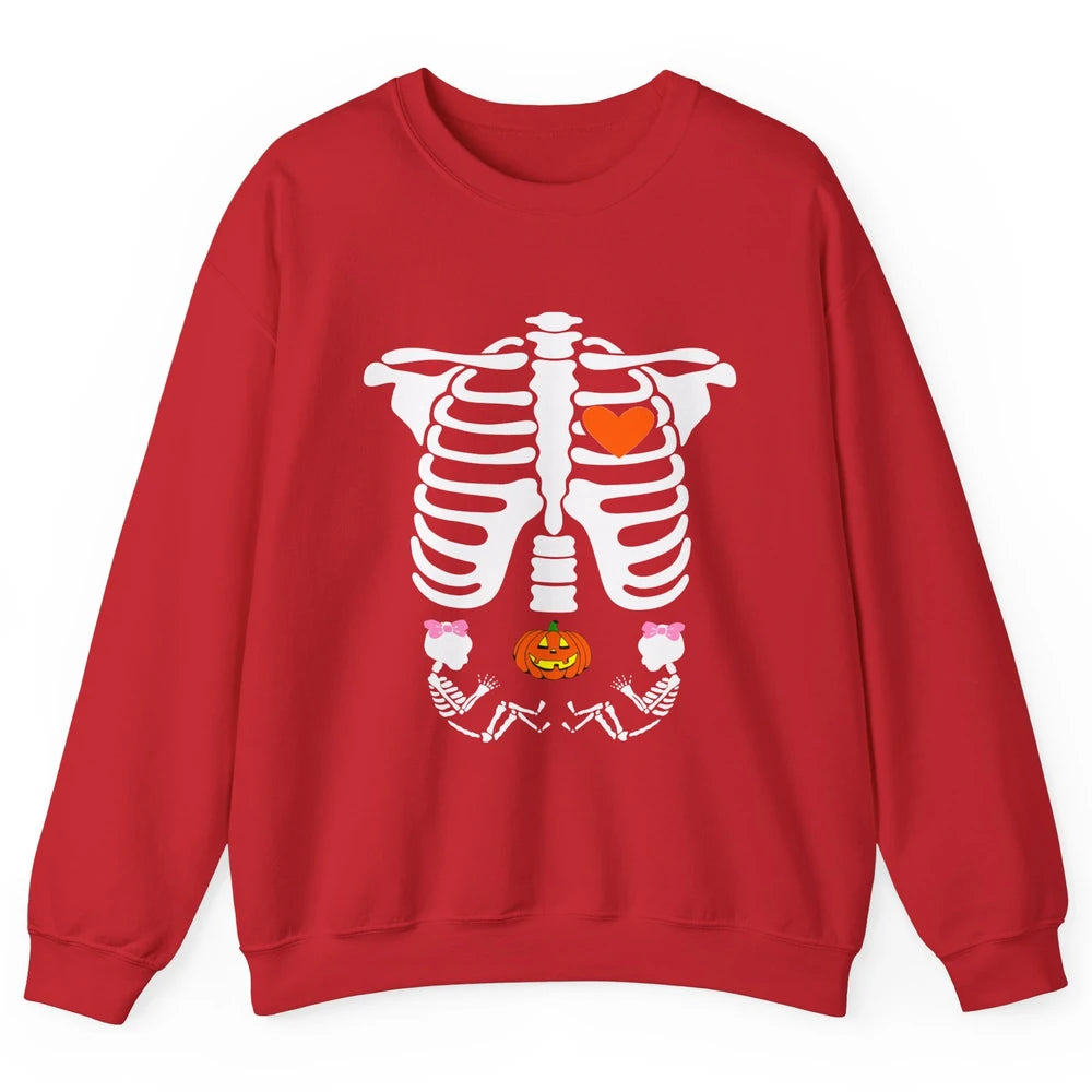 Pregnant Halloween Skeleton Baby Twins Witch Pumpkin Costume Unisex Crewneck Sweatshirt