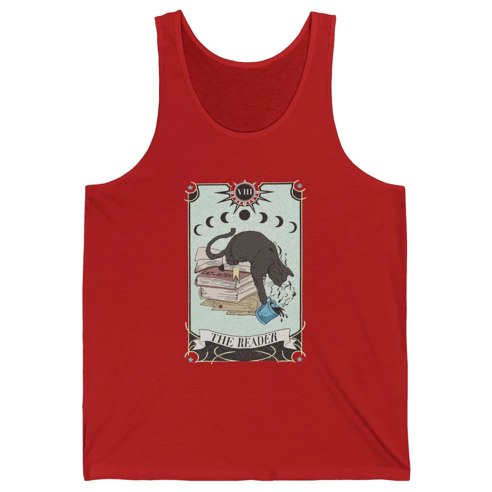 Retro Black Cat Books The Reader Tarot Card Halloween Reading Book Crescent Moon Unisex Jersey Tank