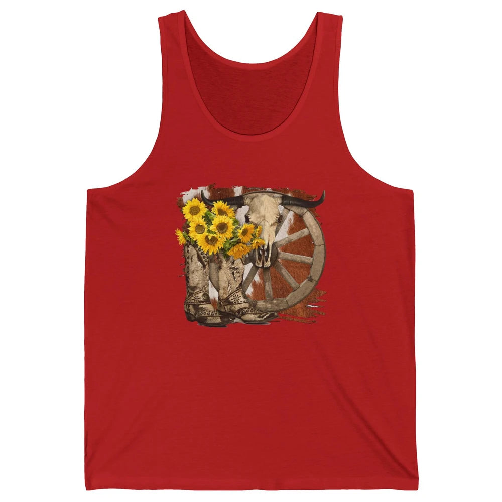 Retro Sunflower Cowgirl Boots Cow Skull Western Country Girl Unisex Jersey Tank