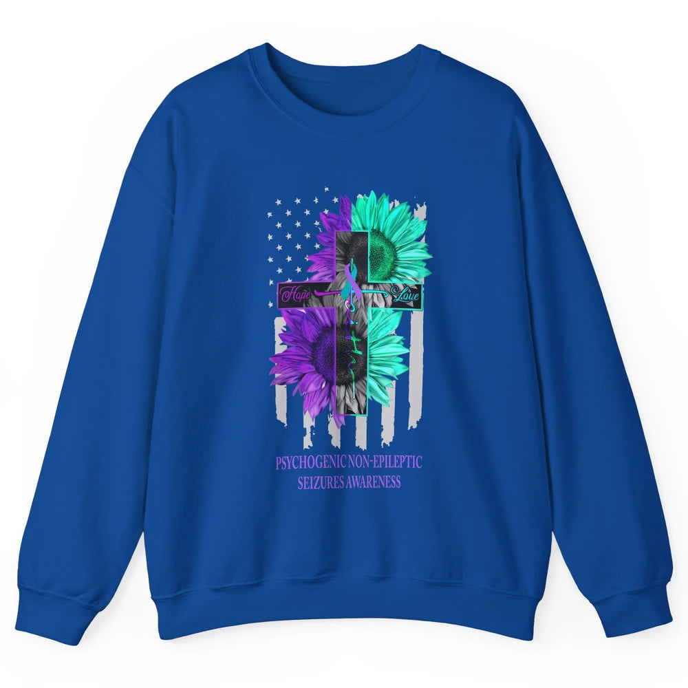 PNES Awareness Faith Hope Love Jesus Cross US Flag Ribbon Unisex Crewneck Sweatshirt