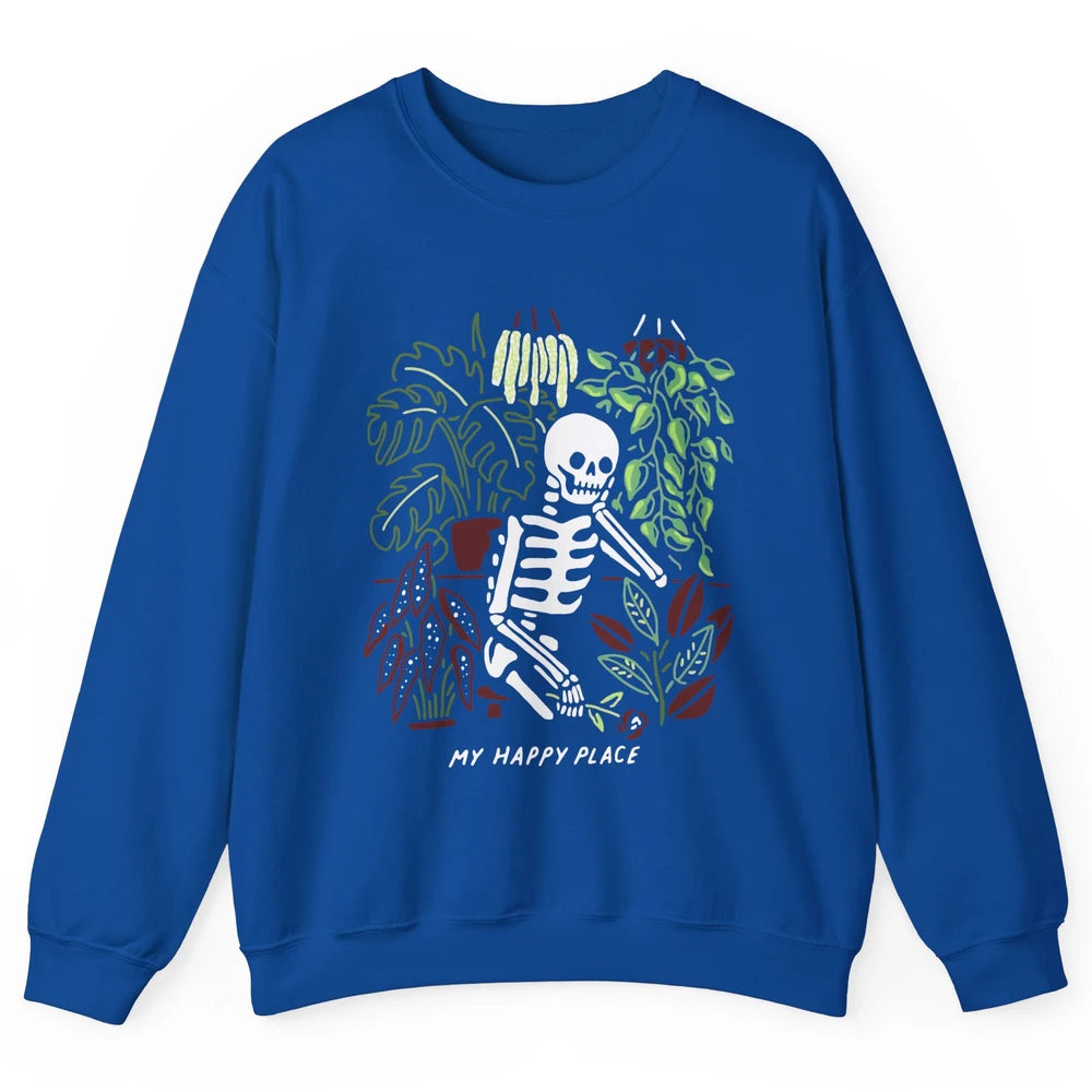 Retro Funny Skeleton Gardening My Happy Place Plant Lovers Unisex Crewneck Sweatshirt