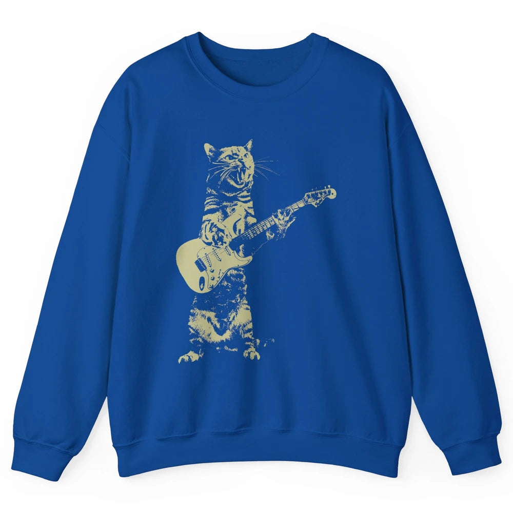 Retro Cat Playing Guitar Cat Guitarist Music Lovers Cat Mom Unisex Crewneck Sweatshirt