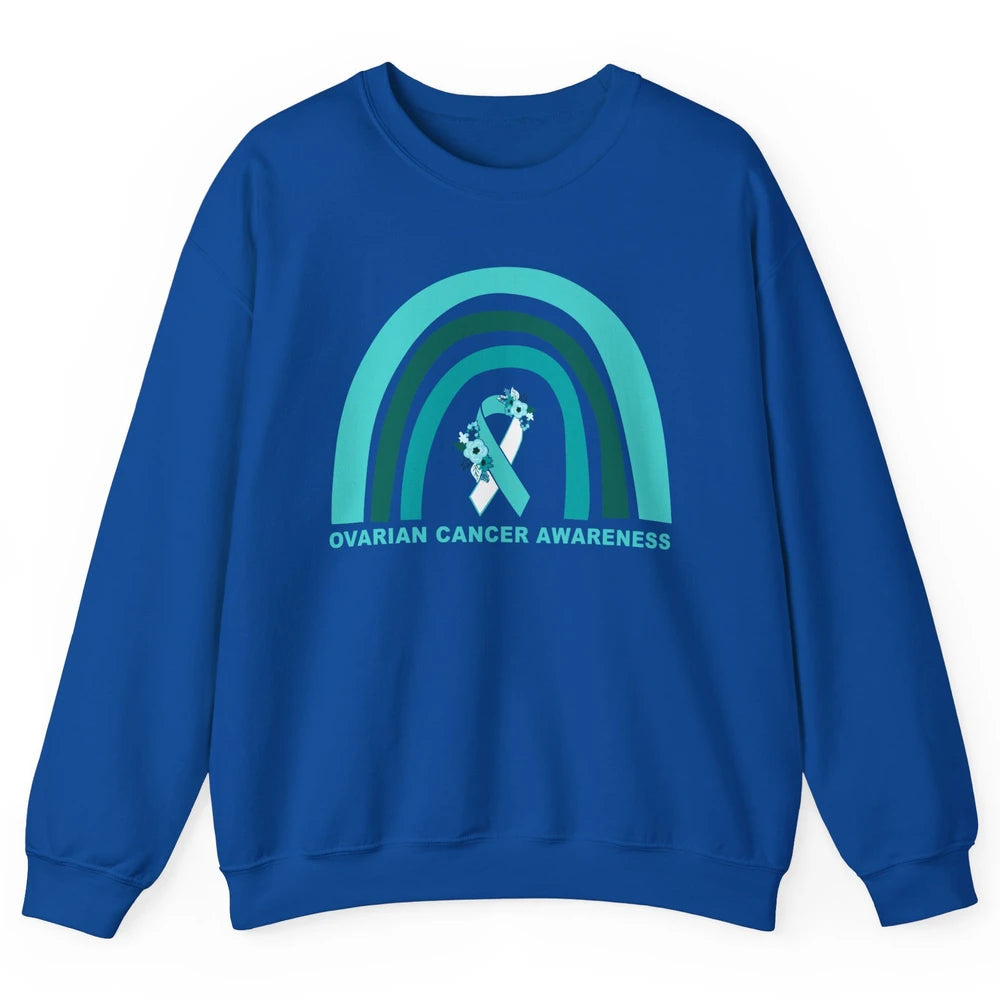 Ovarian Cancer Awareness Support Floral Turquoise Rainbow Unisex Crewneck Sweatshirt