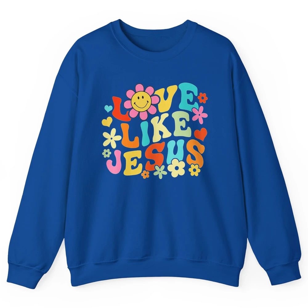 Retro Groovy Love Like Jesus Smiling Face Daisy Boho God Unisex Crewneck Sweatshirt
