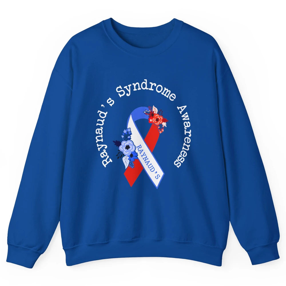 Raynaud's Syndrome Awareness Support Floral Red Blue Ribbon Unisex Crewneck Sweatshirt