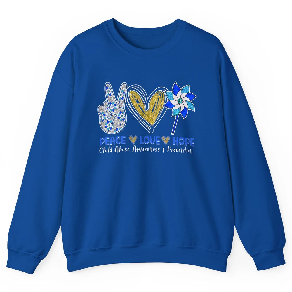Peace Love Leopard Pinwheel Child Abuse Prevention Month Unisex Crewneck Sweatshirt