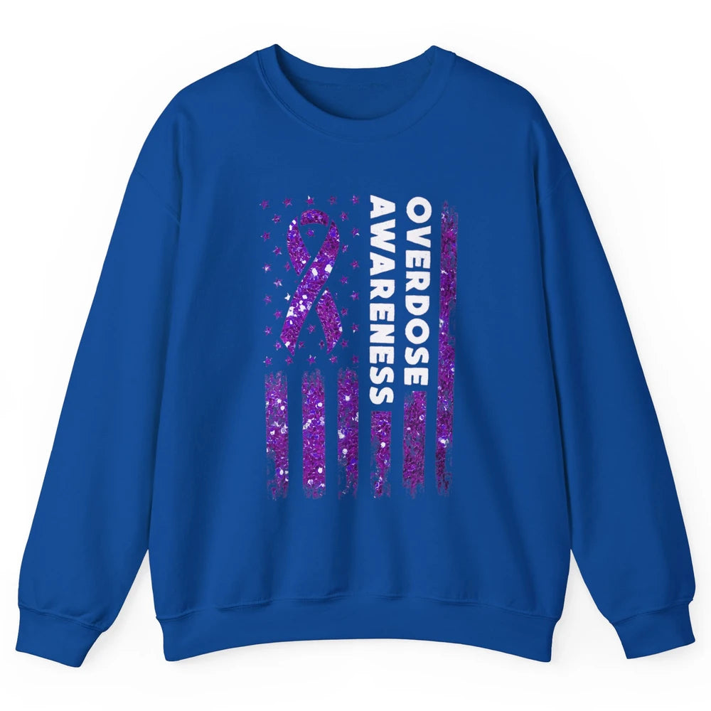 Overdose Awareness US Flag Purple Ribbon Addiction Warrior Unisex Crewneck Sweatshirt