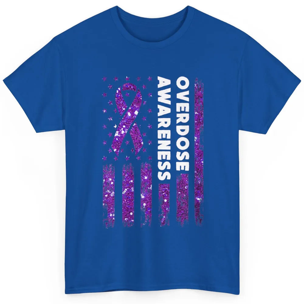 Overdose Awareness US Flag Purple Ribbon Addiction Warrior Classic Unisex T-Shirt