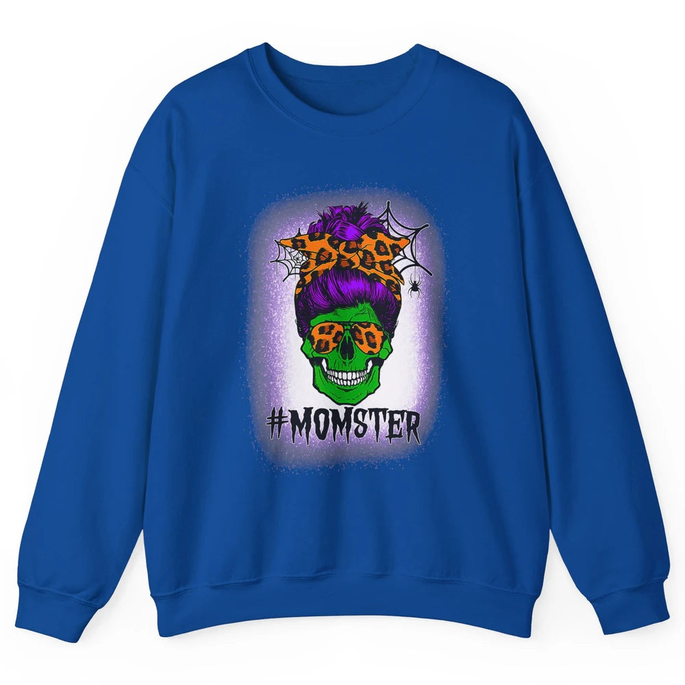 Retro Momster Messy Bun Skull Mom Halloween Spooky Mama Goth Unisex Crewneck Sweatshirt