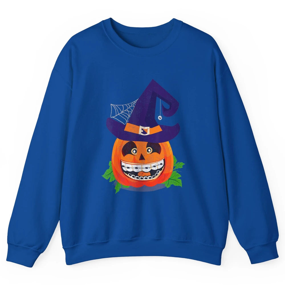 Pumpkin Witch Teeth Braces Dental Dentist Halloween Spooky Unisex Crewneck Sweatshirt