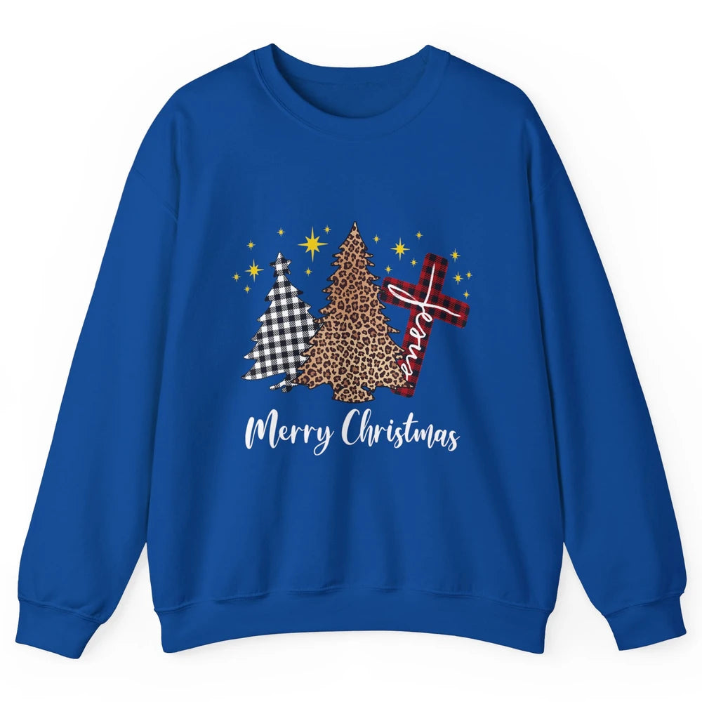 Merry Christmas Xmas Tree Cross Red Plaid Christian Leopard Unisex Crewneck Sweatshirt