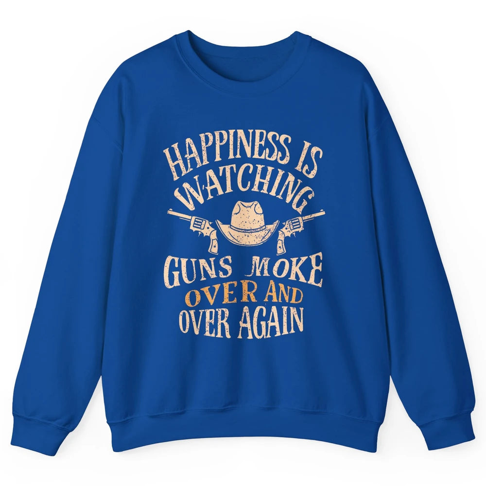 Happiness Is Watching Gunsmoke Over Retro Cowboy Hat Rodeo Howdy Western Country Unisex Crewneck Sweatshirt