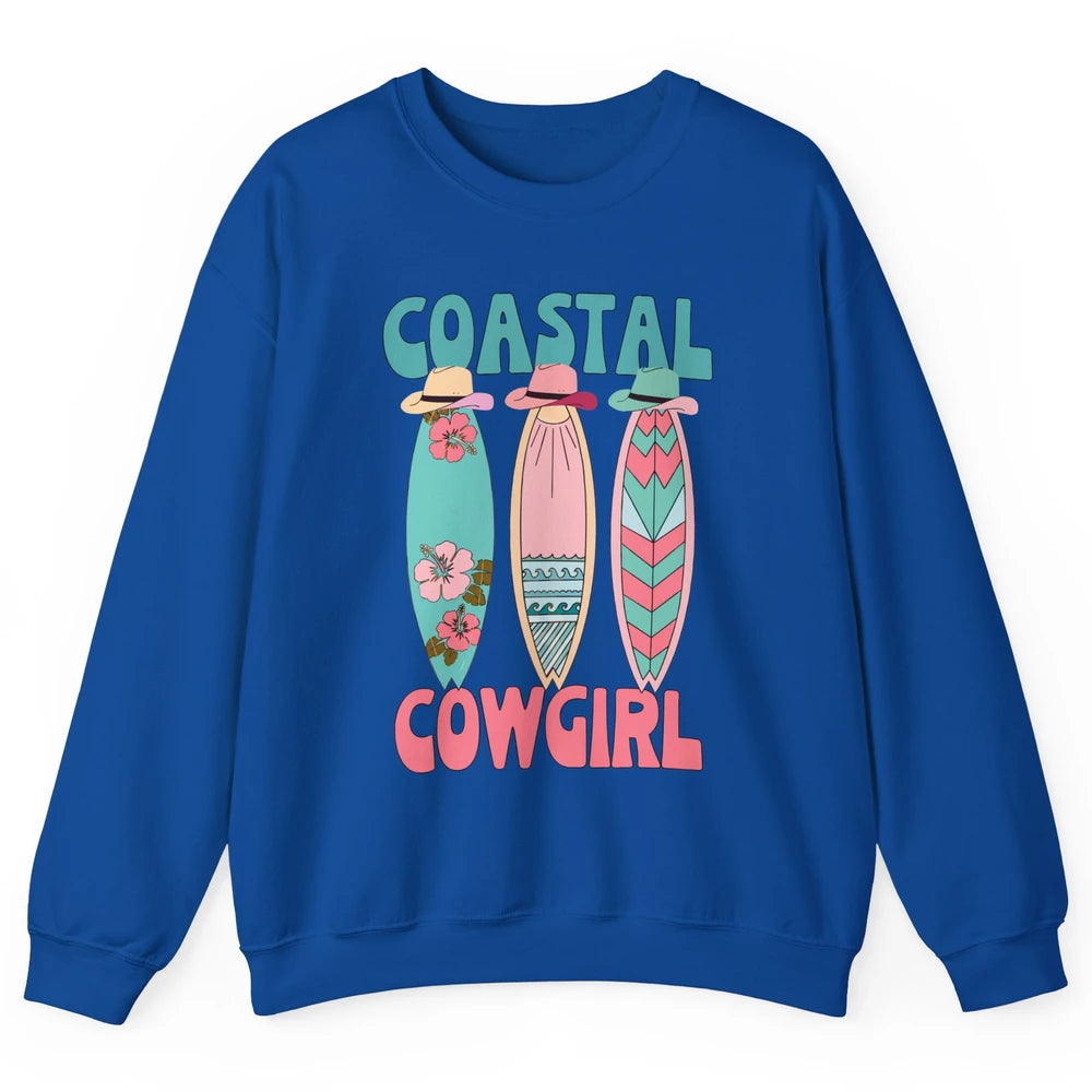 Retro Coastal Cowgirl Surfboards Western Cowgirl Beach Life Unisex Crewneck Sweatshirt