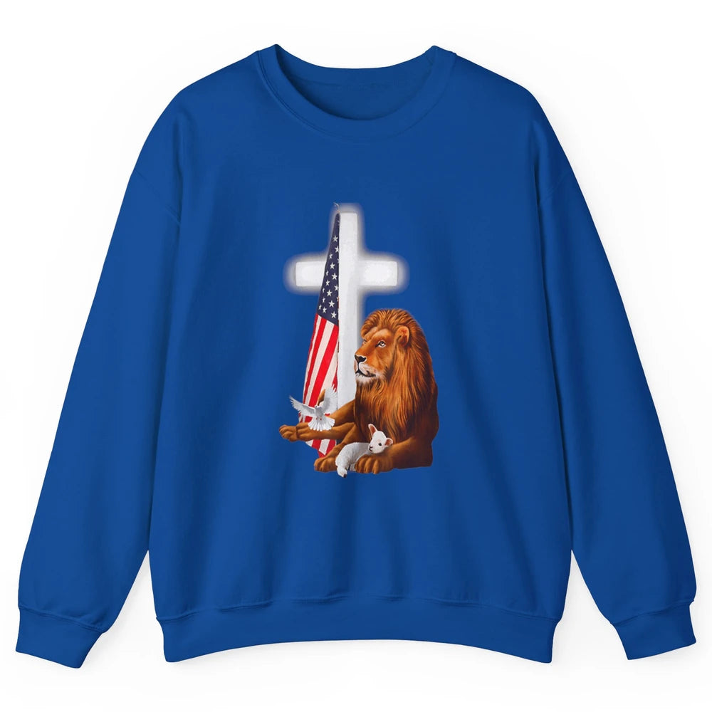 Patriotic Christian Lamb Bible Verse Lion Cross Religious Unisex Crewneck Sweatshirt