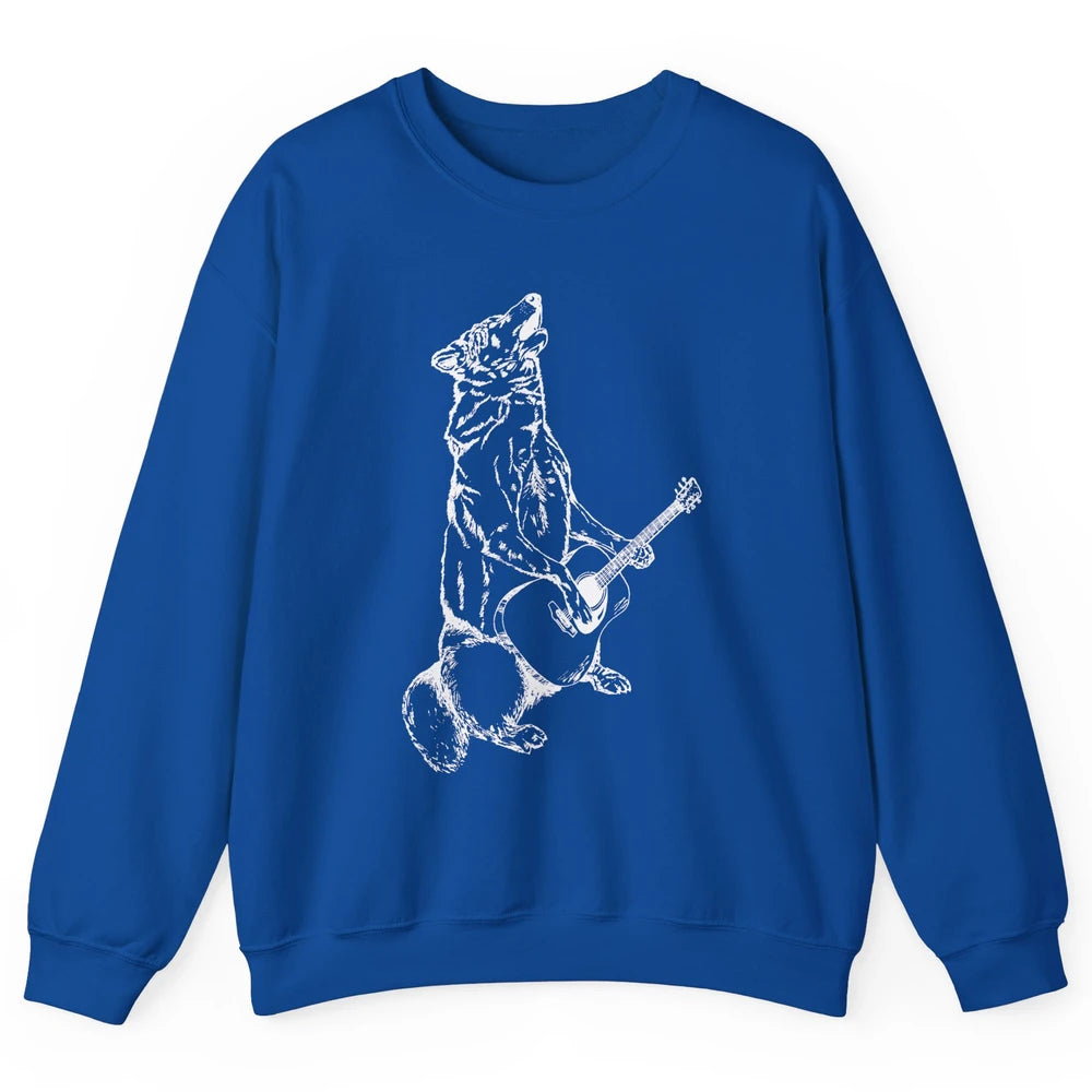 Retro Howling Wolf Playing Guitar Musician Guitarist Music Unisex Crewneck Sweatshirt