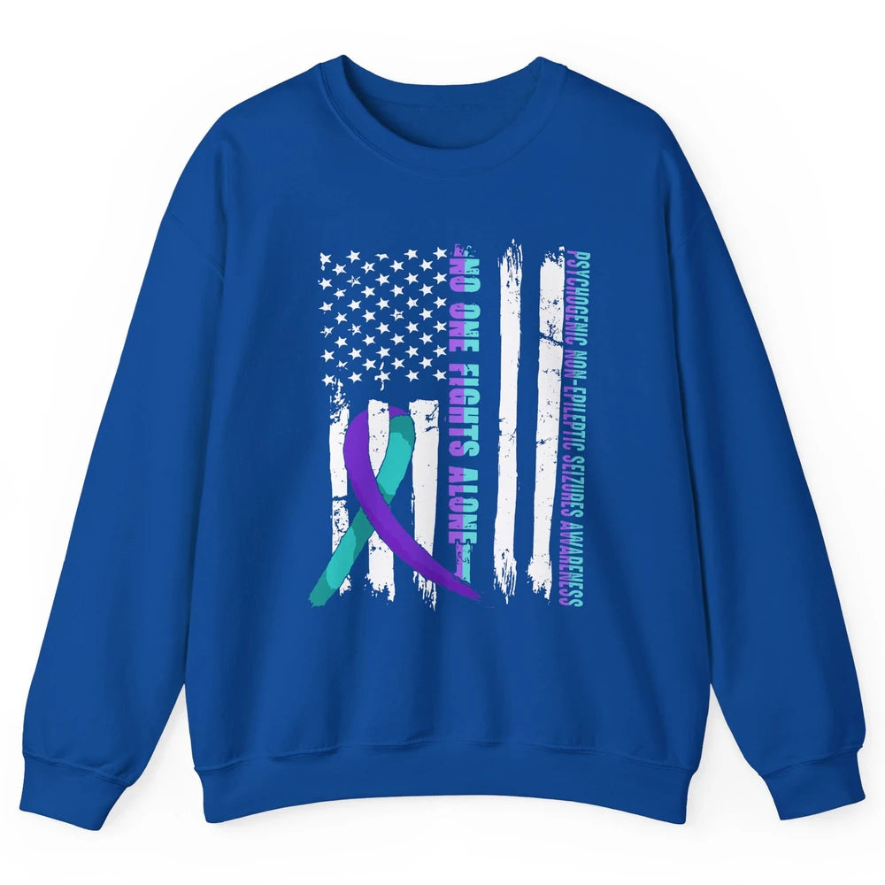 PNES Awareness Purple Teal Ribbon No One Fight Alone US Flag Unisex Crewneck Sweatshirt