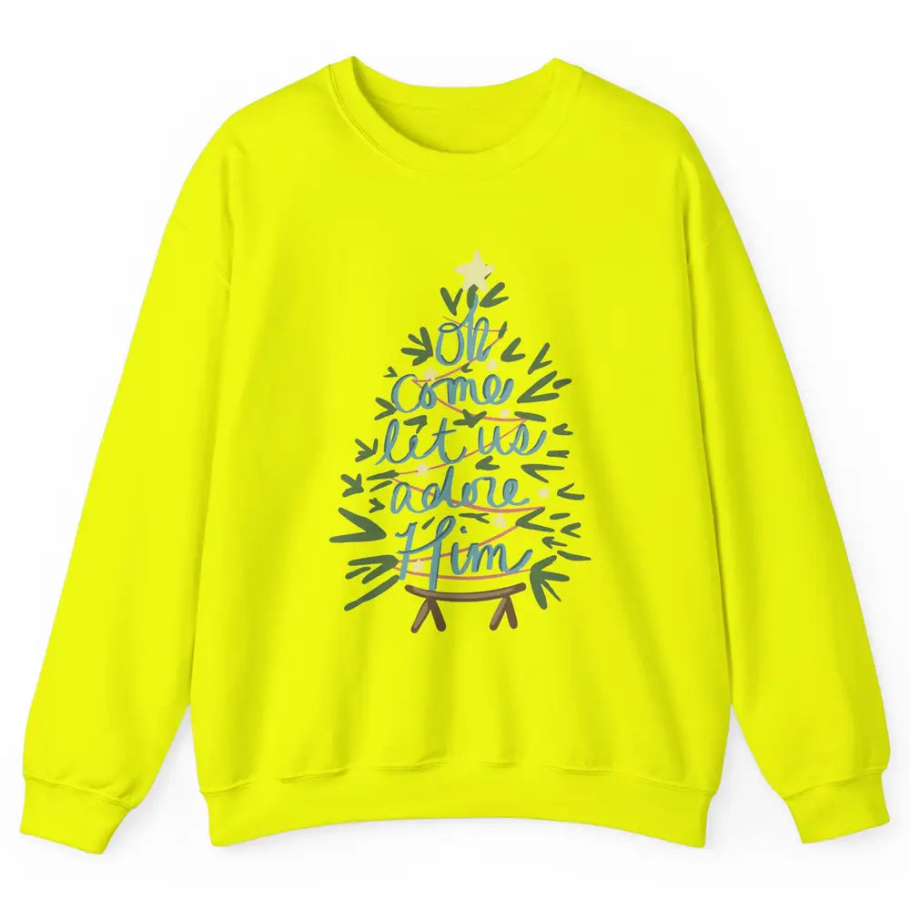 Oh Come Let Us Adore Him Groovy Christmas Tree Church Xmas Unisex Crewneck Sweatshirt