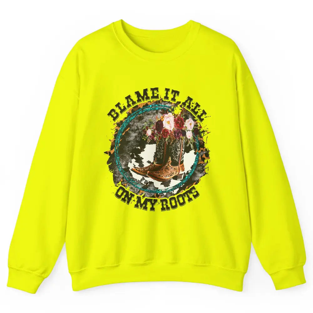 Retro Leopard Cowboy Boots Blame It On My Roots Western Girl Unisex Crewneck Sweatshirt