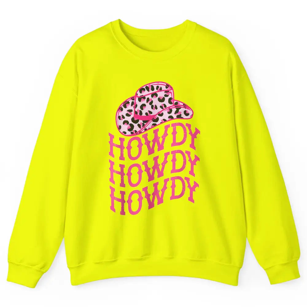 Retro Pink Leopard Cowboy Hat Howdy Western Texas Cowgirl Unisex Crewneck Sweatshirt