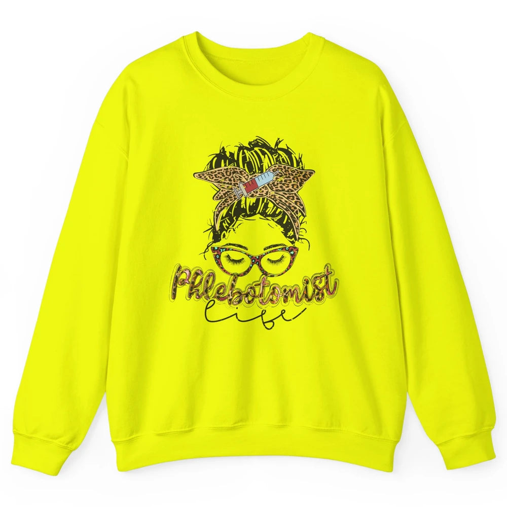 Retro Leopard Phlebotomist Life Messy Bun Mom Phlebotomy Unisex Crewneck Sweatshirt