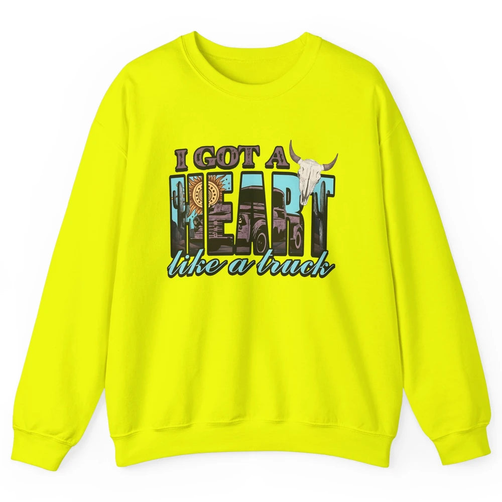 Retro Desert Bull Skull I Got A Heart Like A Truck Western Unisex Crewneck Sweatshirt