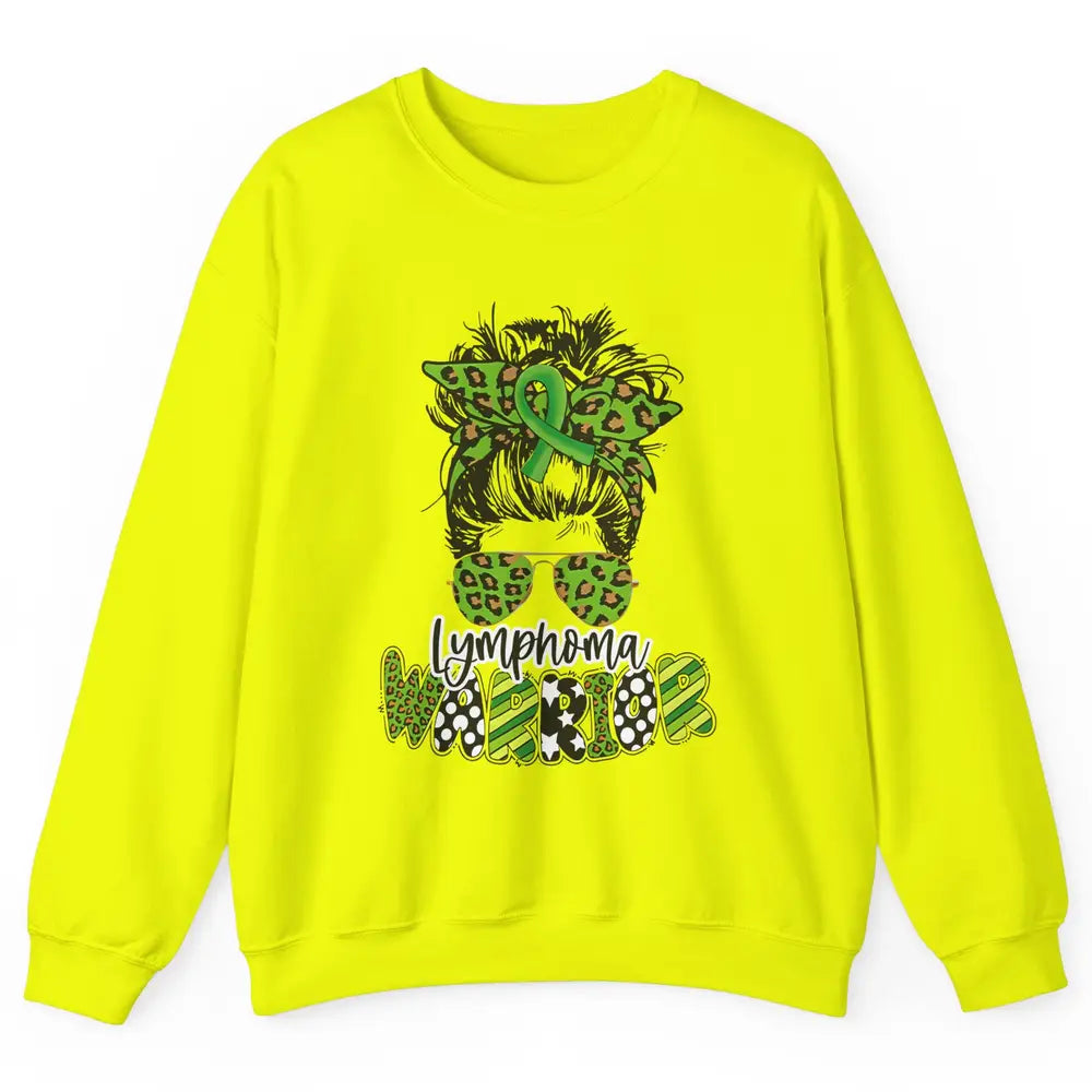 Warrior Fight Lymphoma Cancer Green Leopard Ribbon Messy Bun Unisex Crewneck Sweatshirt