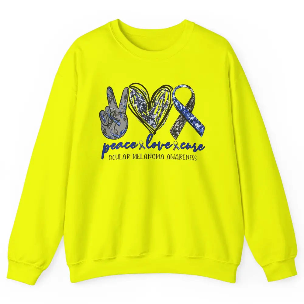 Ocular Melanoma Awareness Peace Love Cure Blue Ribbon Unisex Crewneck Sweatshirt
