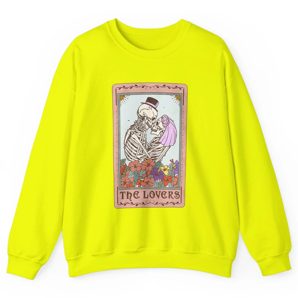 The Lovers Funny Skeleton Couple Tarot Card Vintage Valentine Astrology Goth Skull Lover Floral Heart Unisex Crewneck Sweatshirt