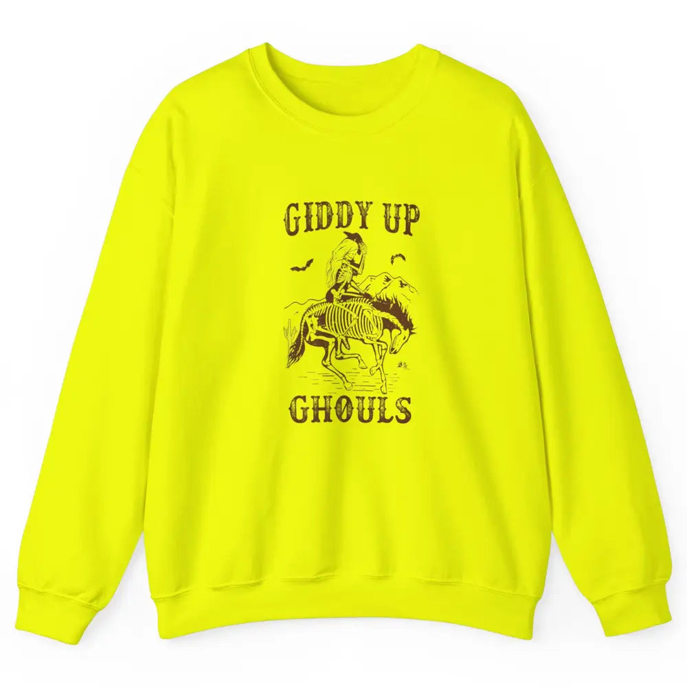 Retro Giddy Up Ghouls Skeleton Western Cowgirl Howdy Cowboy Unisex Crewneck Sweatshirt
