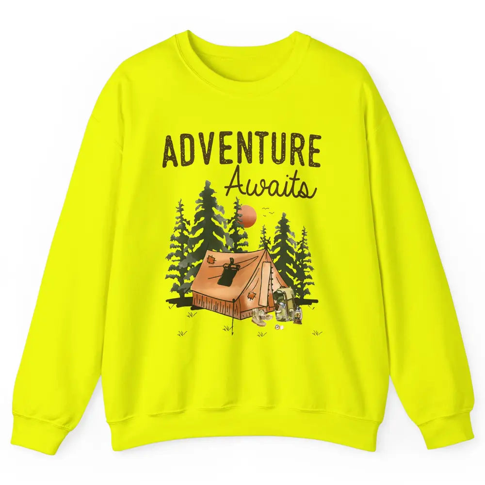 Retro Camping Tent Mountain Sunset Adventure Awaits Campers Unisex Crewneck Sweatshirt