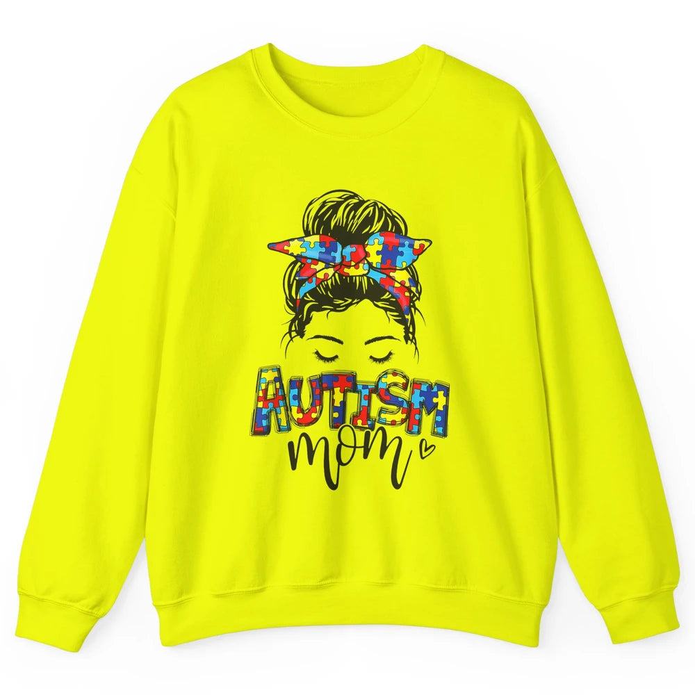 Autism Mom Messy Bun Hair Autism Awareness Puzzle Headband Unisex Crewneck Sweatshirt