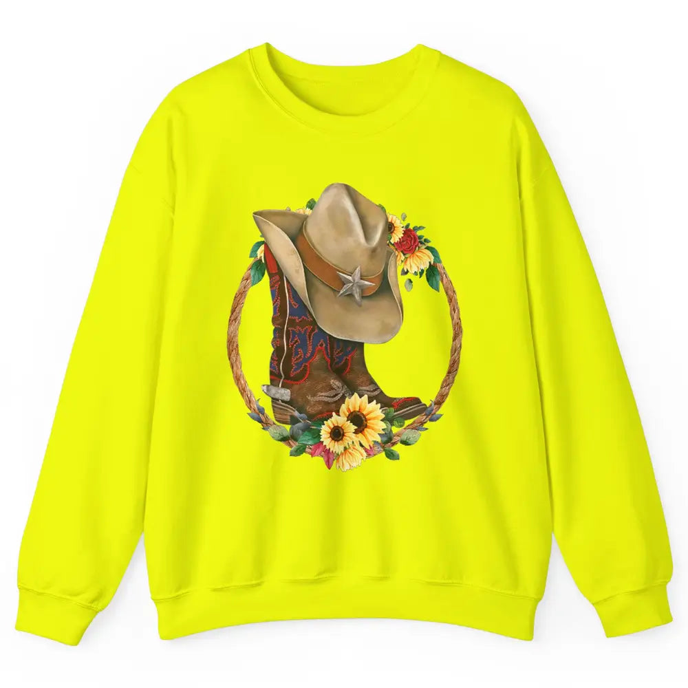 Retro Cowboy Boots Sunflower Let's Go Girls Western Cowgirls Unisex Crewneck Sweatshirt