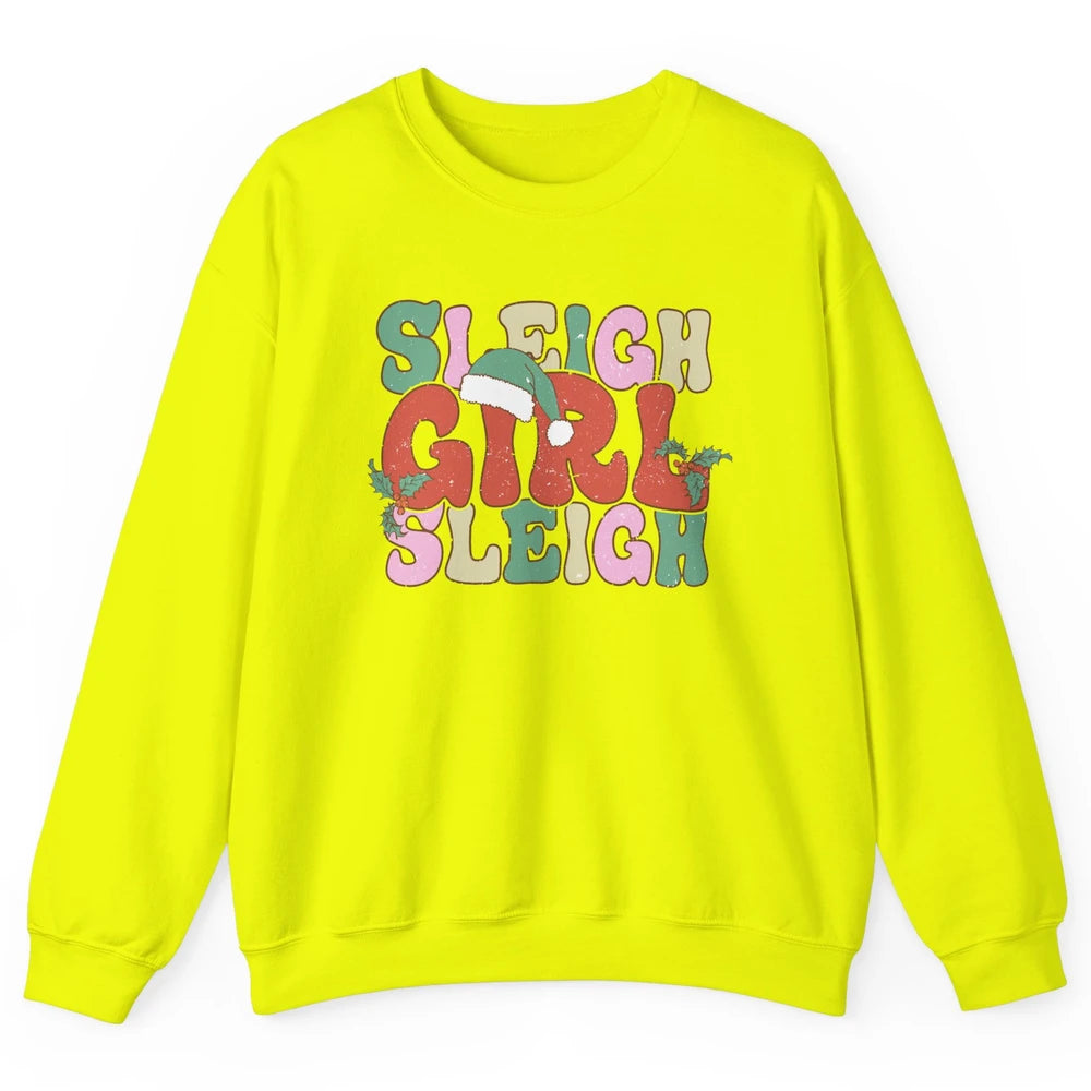 Retro Groovy Christmas Sleigh Girl Sleigh Santa Hat Winter Unisex Crewneck Sweatshirt