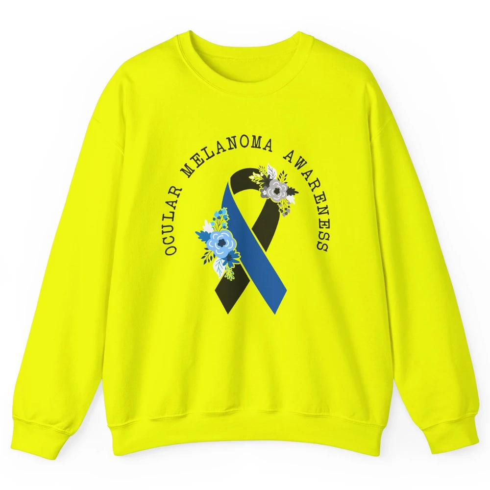 Ocular Melanoma Awareness Floral Black Blue Ribbon Rainbow Unisex Crewneck Sweatshirt