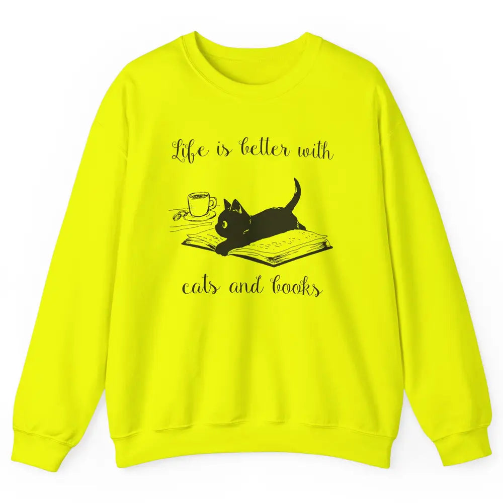 Retro Life Is Better With Cats And Books Reading Lovers Unisex Crewneck Sweatshirt