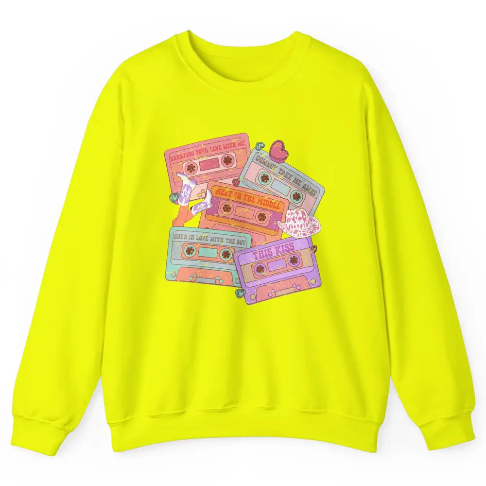 Retro Cowgirl Cassette 90s Western Country Boots Music Boho Unisex Crewneck Sweatshirt