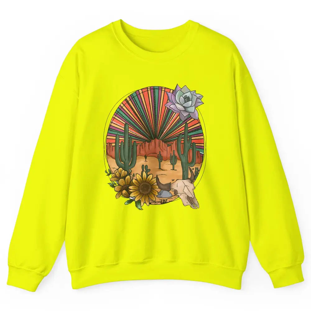 Retro Desert Western Cowboy Boho Skull Cactus Country Cowboy Unisex Crewneck Sweatshirt