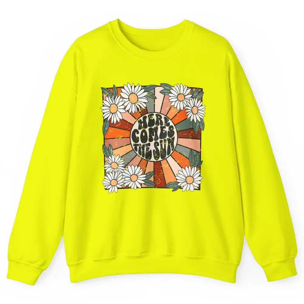 Retro Daisy Rainbow Sunrise Here Comes The Sun Hippie Girl Unisex Crewneck Sweatshirt