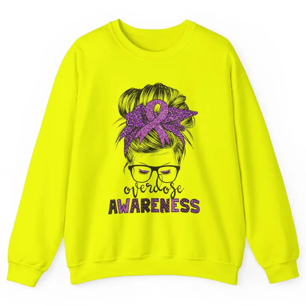 Overdose Awareness Messy Hair Bun Purple Leopard Warrior Unisex Crewneck Sweatshirt