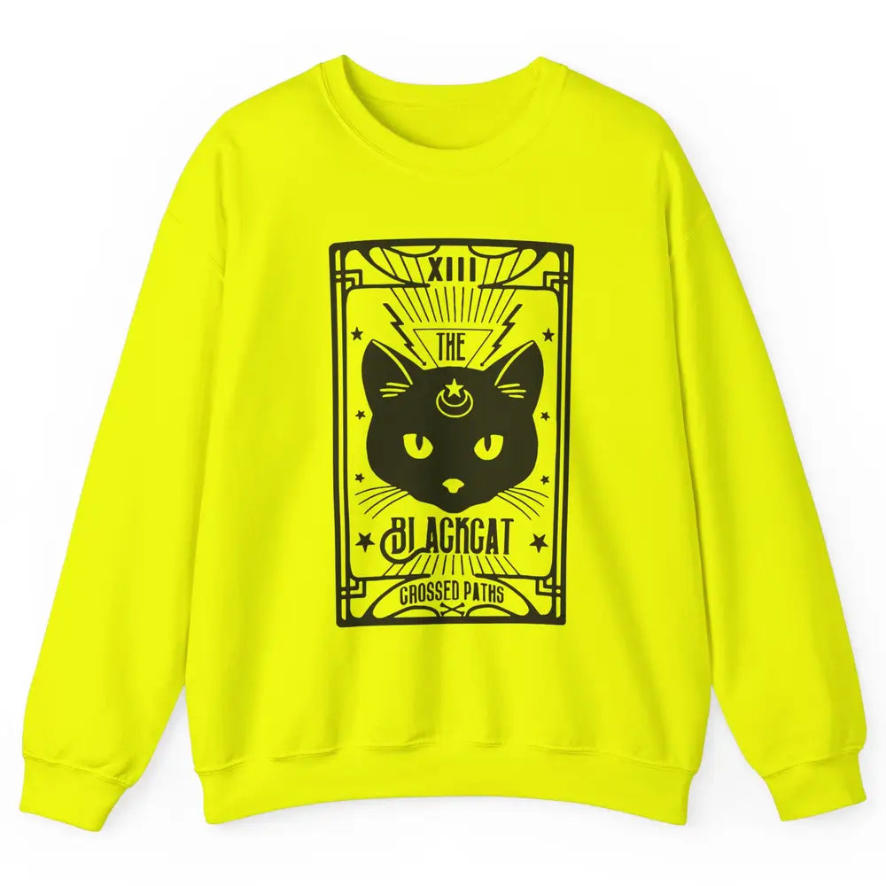 Retro Halloween Black Cat Crossed Path Tarot Card Witchcraft Unisex Crewneck Sweatshirt
