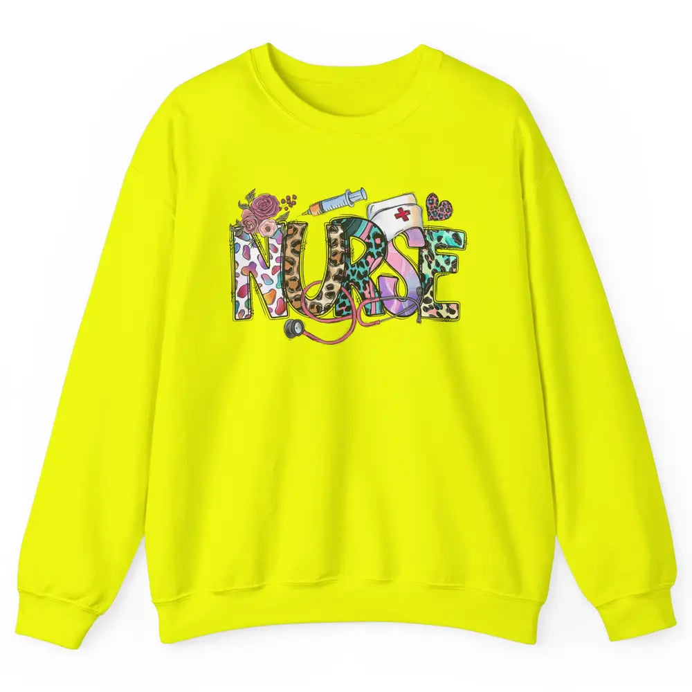 Nurse Life Nursing Registered Therapist Leopard Flower Boho Unisex Crewneck Sweatshirt