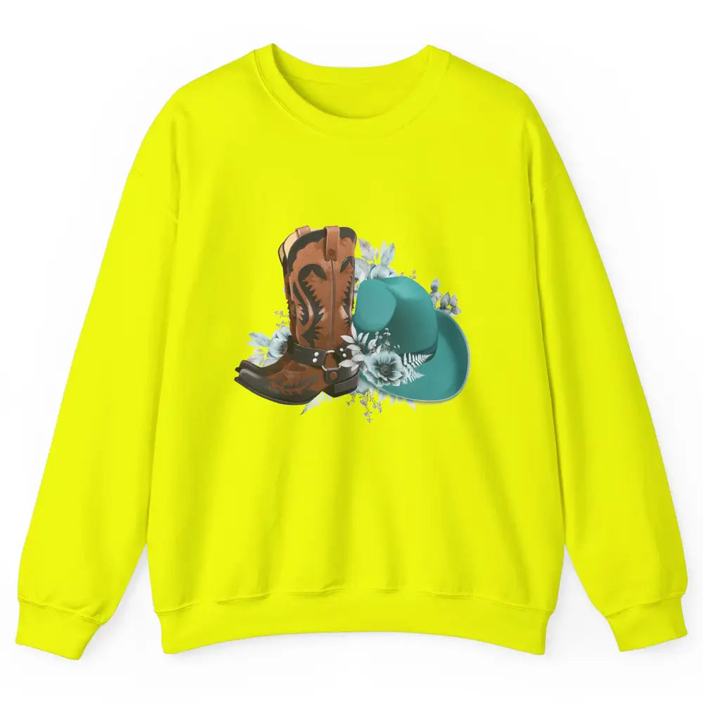 Retro Cowgirl Floral Turquoise Cowboy Boots Rodeo Western Unisex Crewneck Sweatshirt