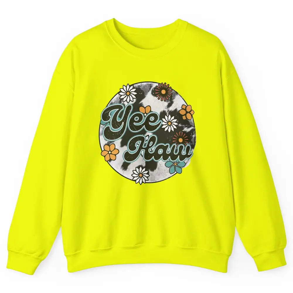 Retro Groovy Daisy Yee Haw Cowhide Western Country Cowgirl Unisex Crewneck Sweatshirt