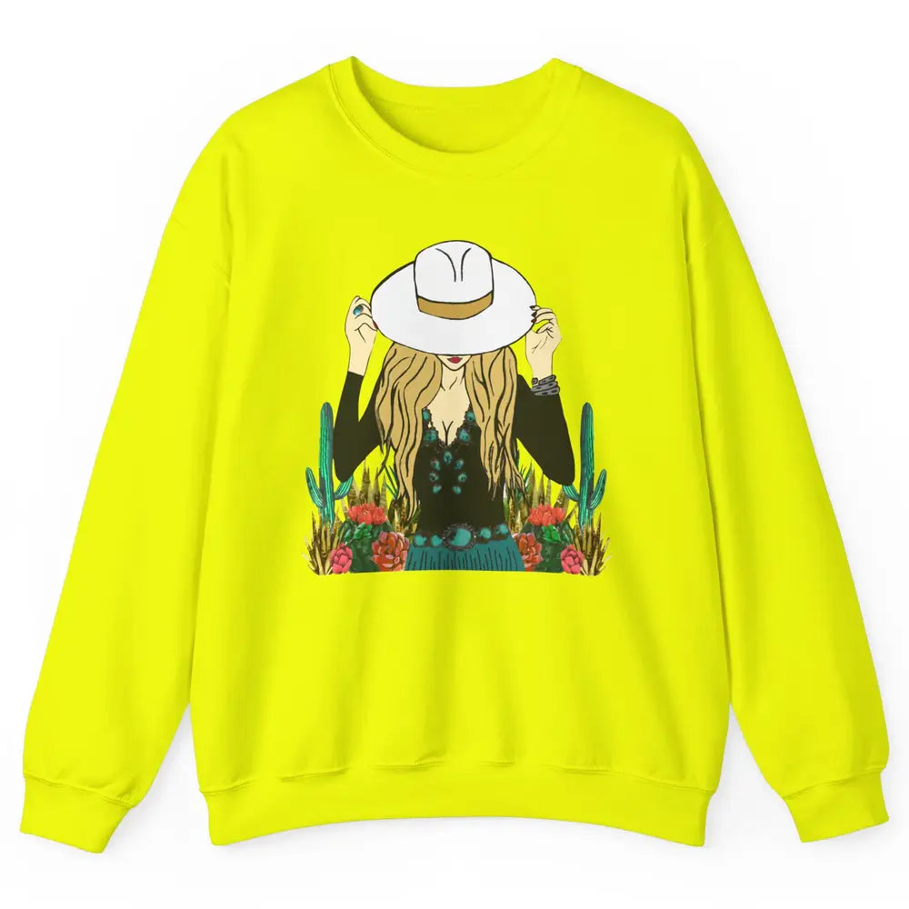 Retro Blonde Cowgirl Punchy Cowhide Turquoise Western Cowboy Unisex Crewneck Sweatshirt