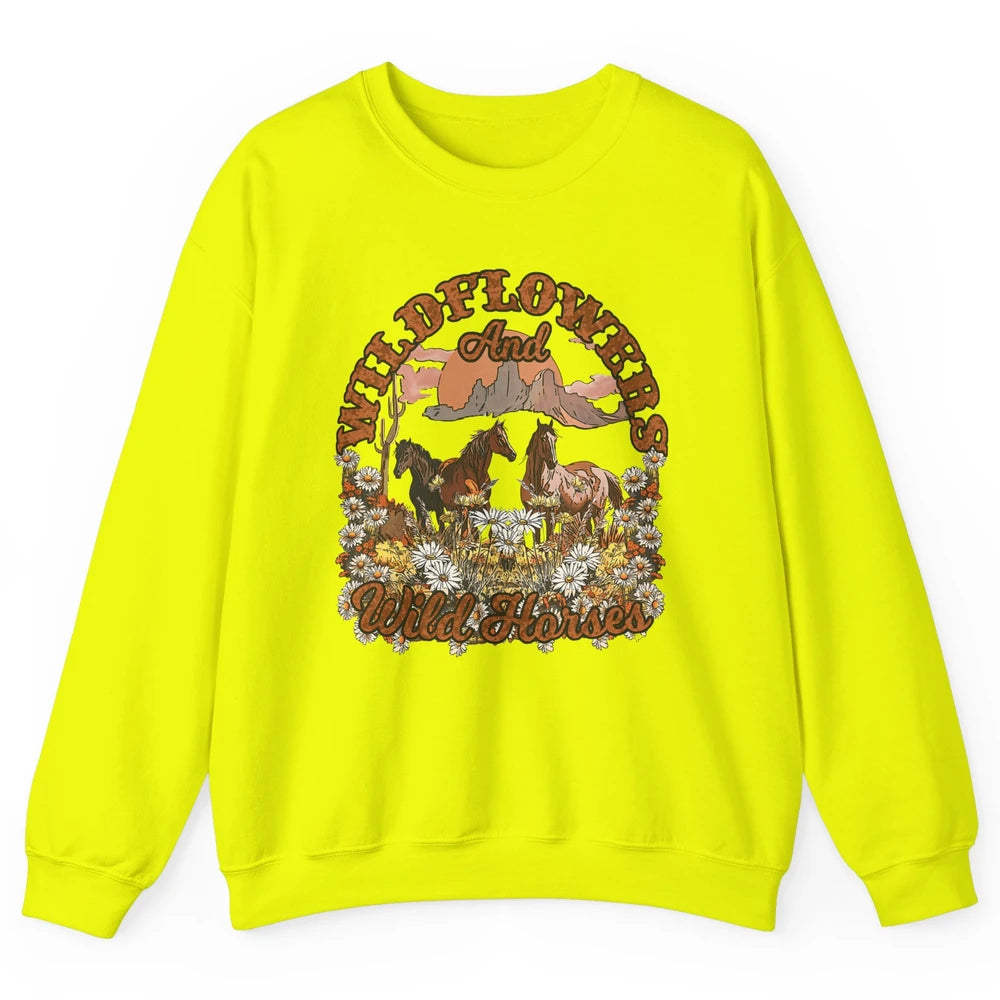 Retro Floral Desert Wildflowers Wild Horses Western Country Unisex Crewneck Sweatshirt
