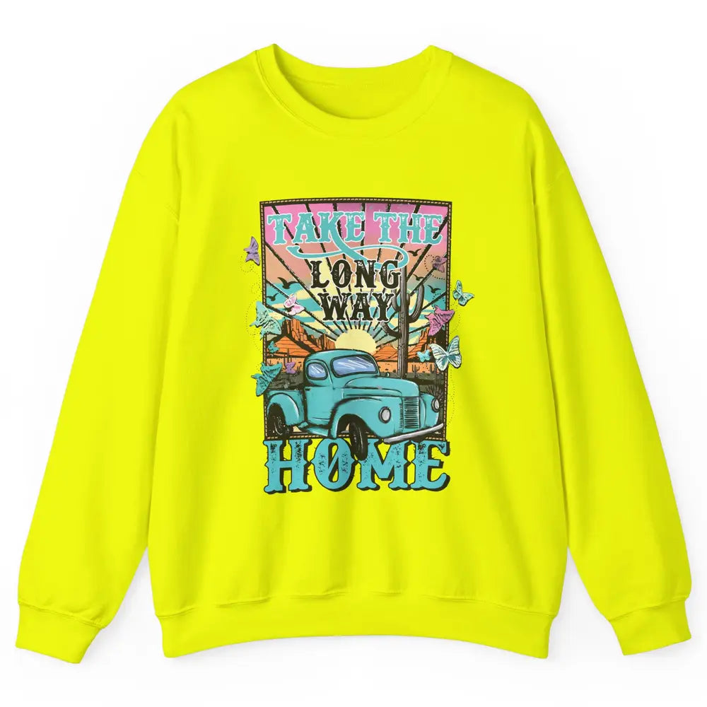Retro Mountain Sunset Take The Long Way Home Western Country Unisex Crewneck Sweatshirt