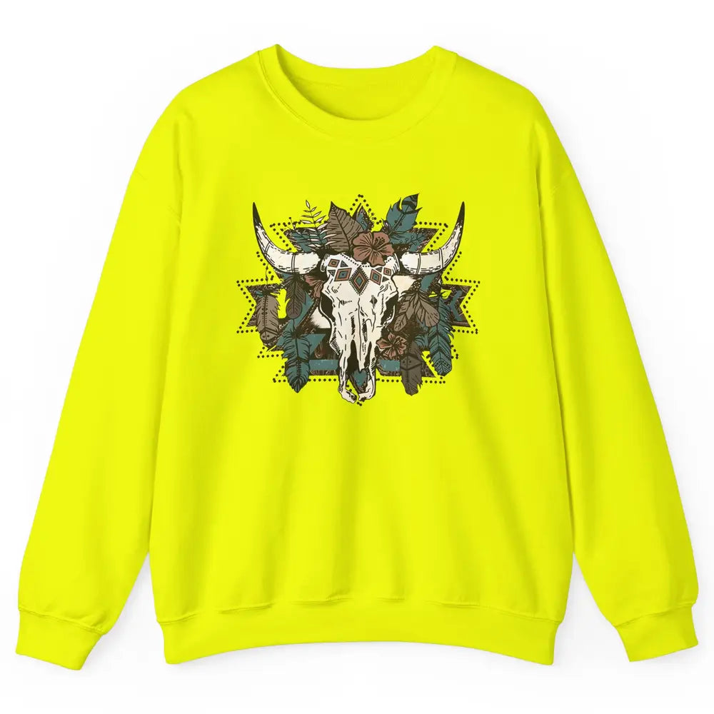 Retro Boho Bull Skull Aztec Desert Cactus Western Country Unisex Crewneck Sweatshirt