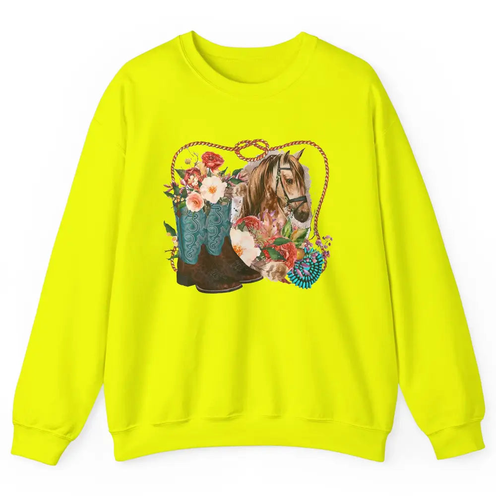 Retro Floral Cowboy Boots And Horse Western Country Cowgirl Unisex Crewneck Sweatshirt